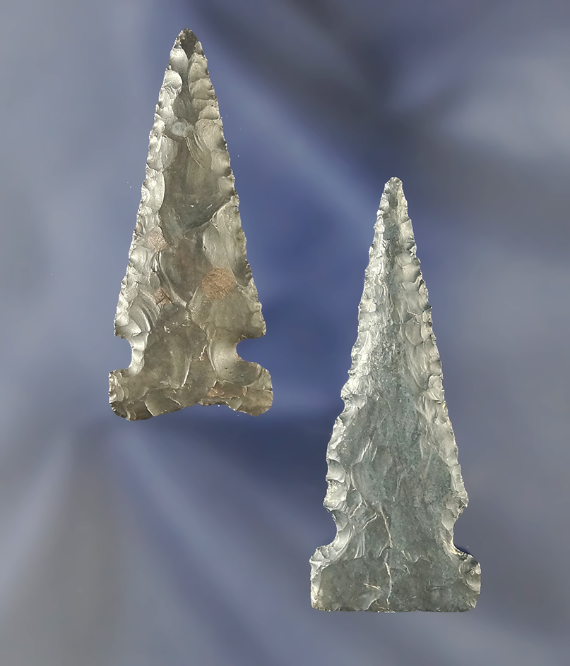 Two very fine Intrusive Mound Points made from Coshocton Flint, found in Ohio. Largest is 2 1/8".
