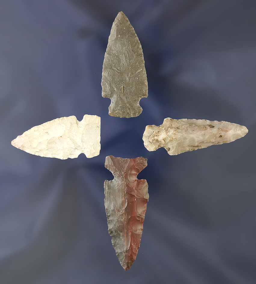 Set of 4 Assorted Ohio Arrowheads, largest is 1 15/16".