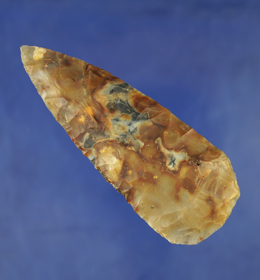 3 5/8" very colorful tan, blue and gold Flint Ridge Flint Blade  found in Sandusky Co.,  Ohio.