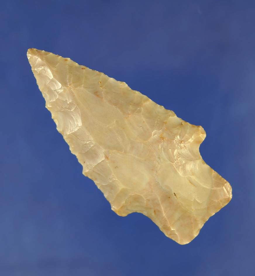 Excellent flaking on this 2 1/2" Flint Ridge Flint Heavy Duty found in Clinton Co.,  Ohio. Ex. Hothe