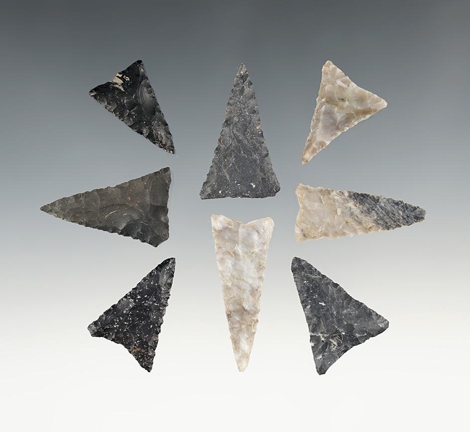 Set of 8 well made Triangle points found in Ohio. The largest is 1 5/8".