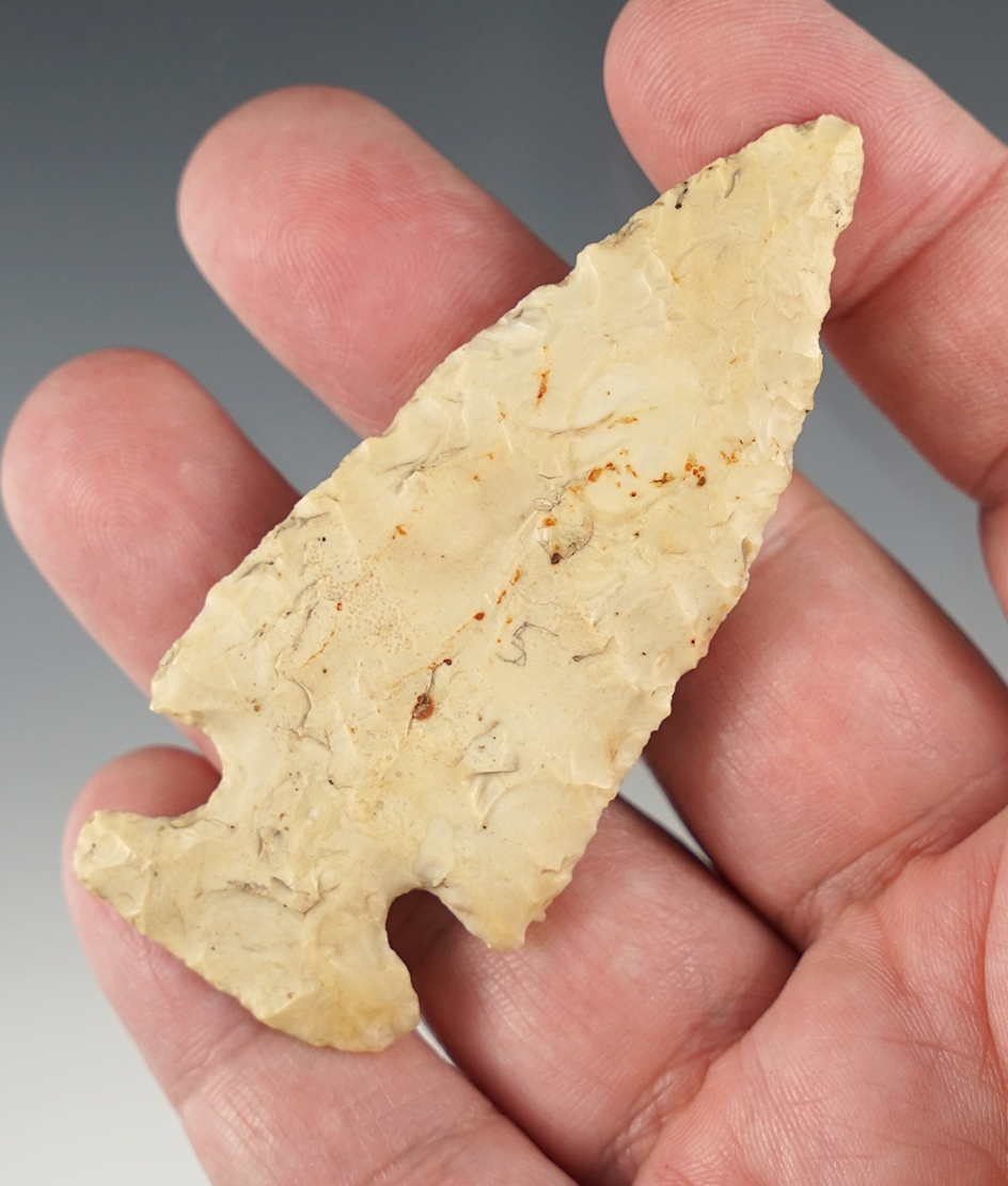 3" Flint Ridge flint Archaic point found in Marion Co., Ohio. Well patinated.