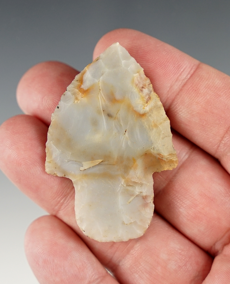 Nicely made 2 1/8" Flint Ridge Adena found in Monroe Co., Ohio. Ex. E.C Cline collection.