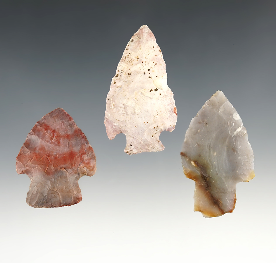 Set of 3 colorful Flint Ridge points found in Ohio. The largest is 2 1/4".