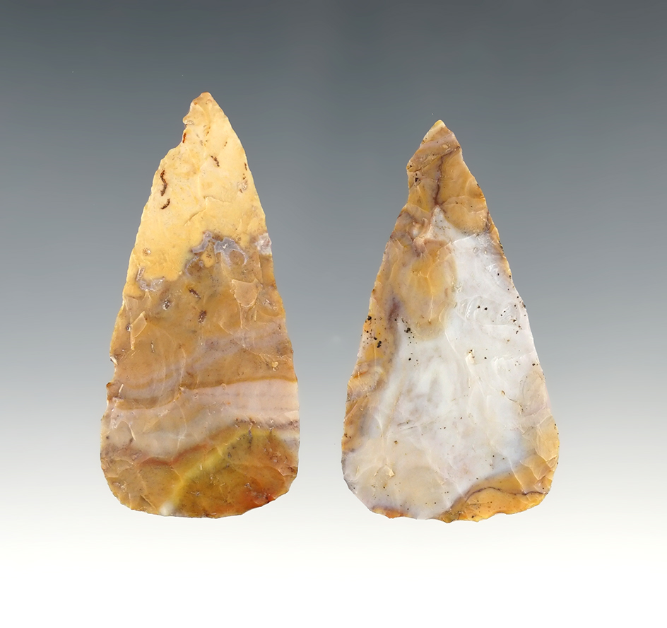 Pair of highly colorful Ohio Woodland Blades - Flint Ridge flint. The largest is 2 5/16".