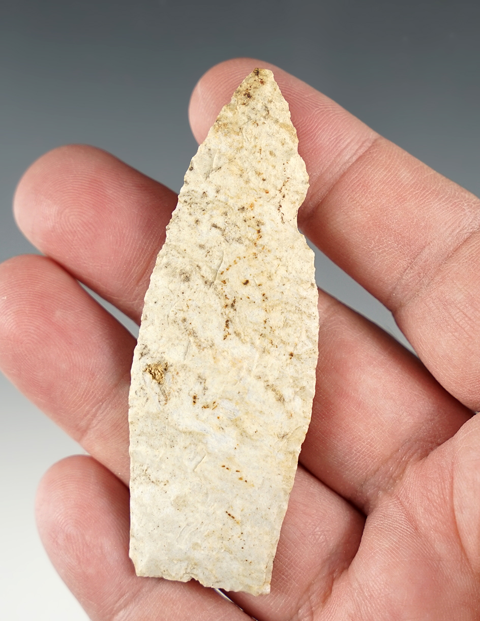 Classic style 3 1/2" Ohio Paleo Lanceolate made from heavily patinated flint.