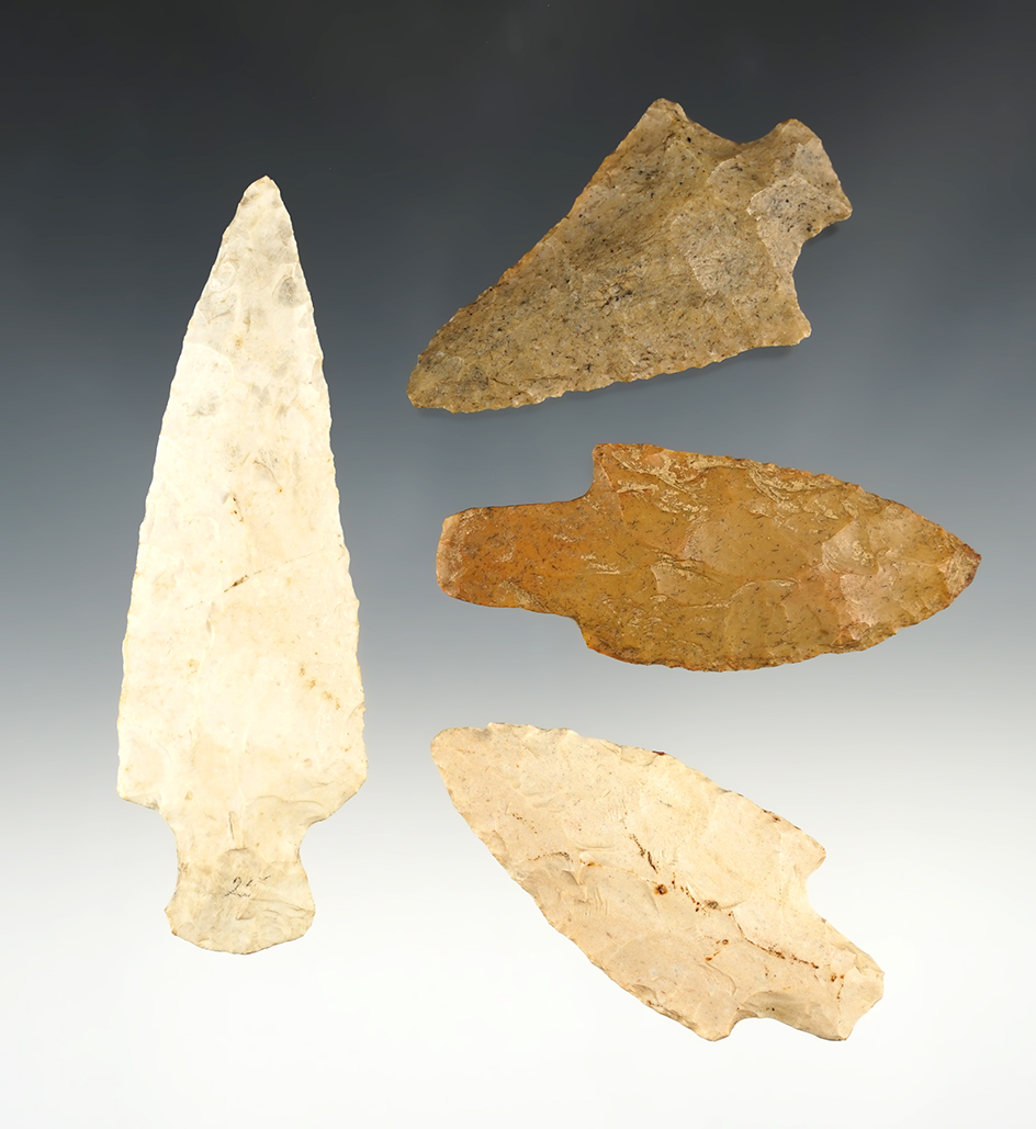 Set of 4 Stemmed points found in the Midwestern U.S. The largest is 4 1/4".