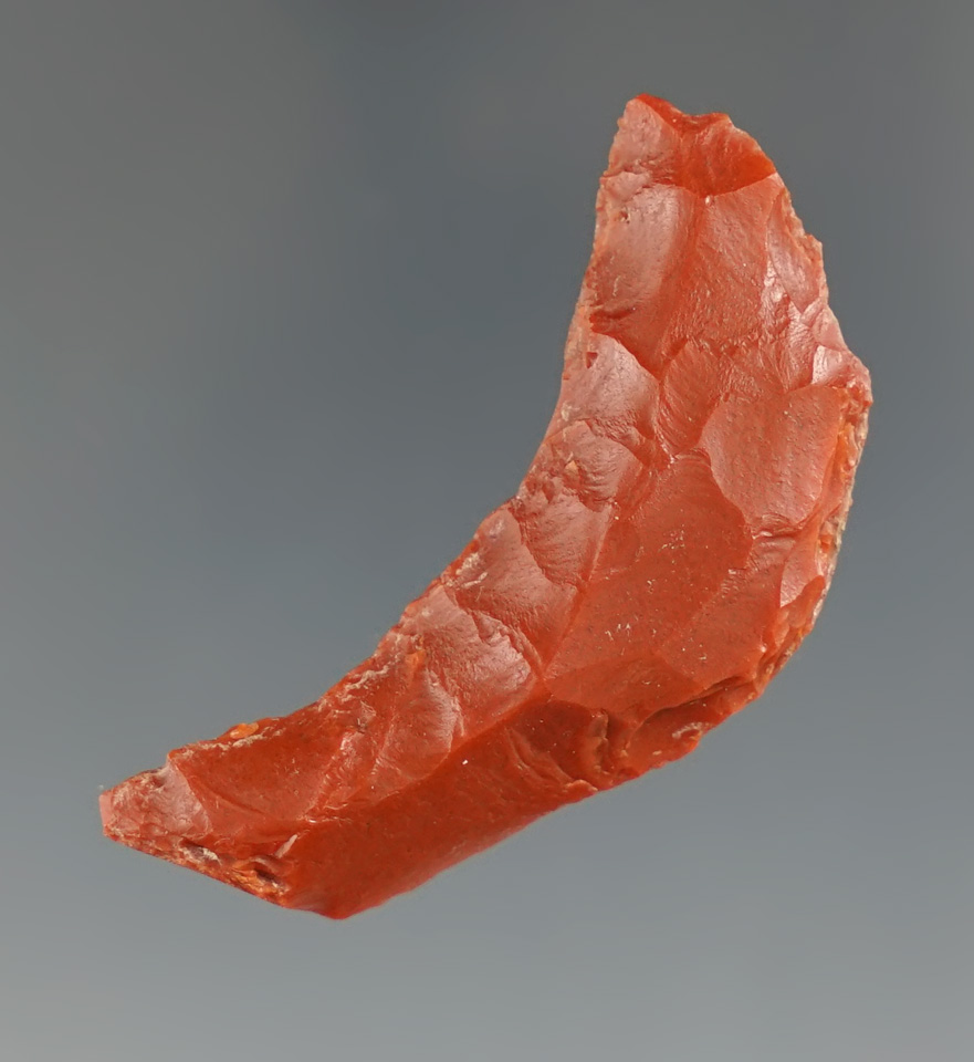 1 11/16" Lunate Crescent made from red Chert and found in Lake Co., Oregon. Stermer COA.