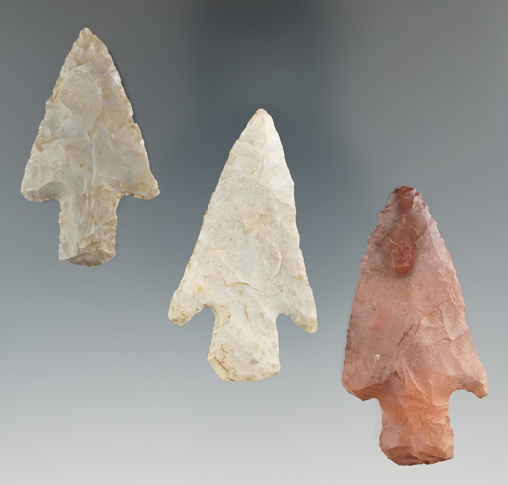 Set of three Buck Creek Points found in Indiana, largest is 2 3/16".