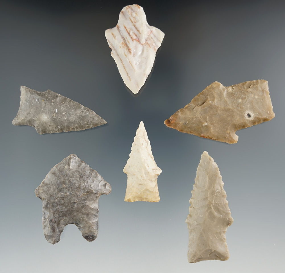 Group of six assorted Texas Points, largest is 1 15/16".