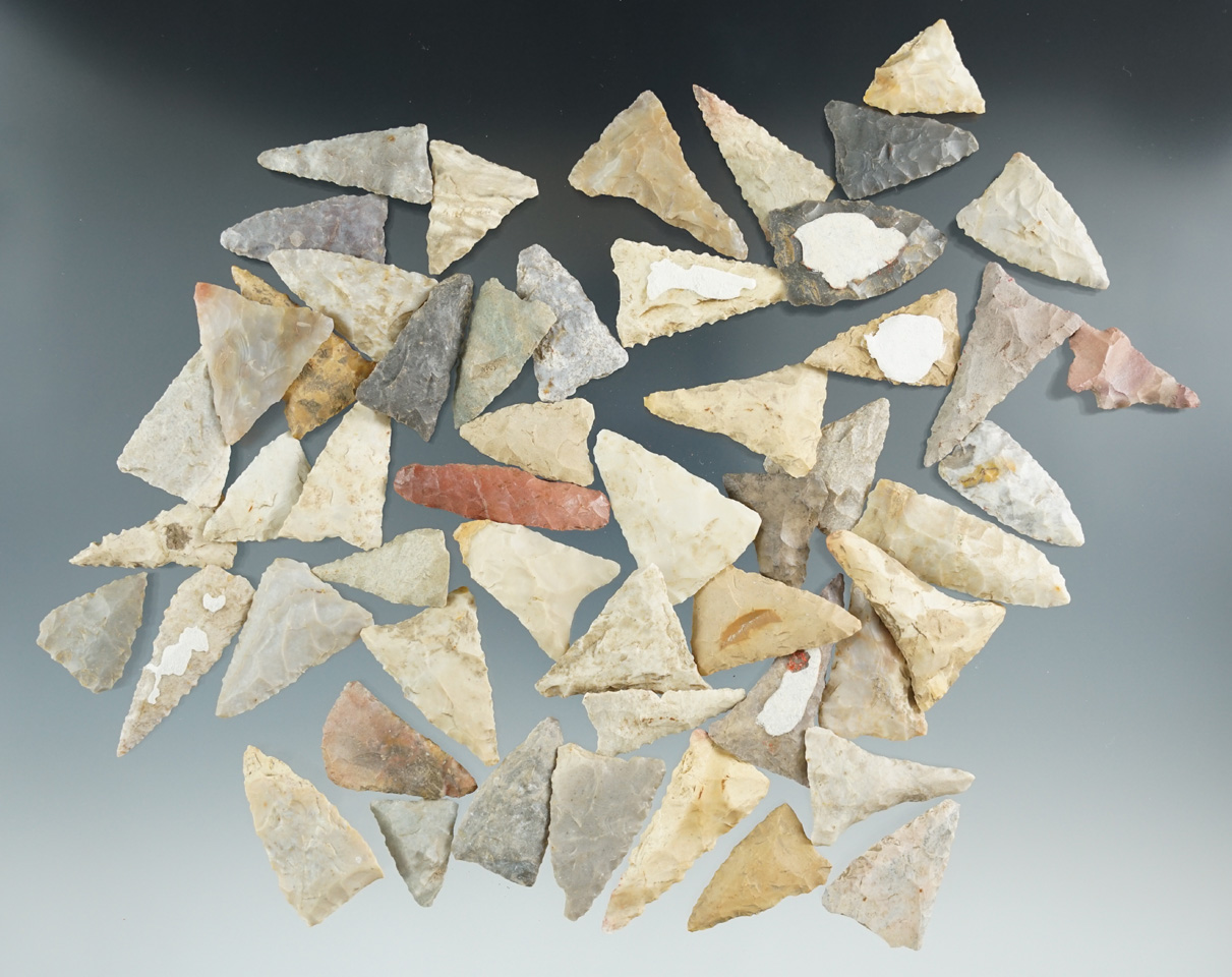 Group of 50 triangular Arrowheads found in Indiana, largest is 1 7/16".