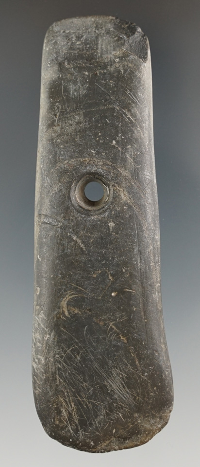 3 15/16" Hopewell Atypical Pendant made from black and gray Slate. Found in Crawford Co., Ohio.