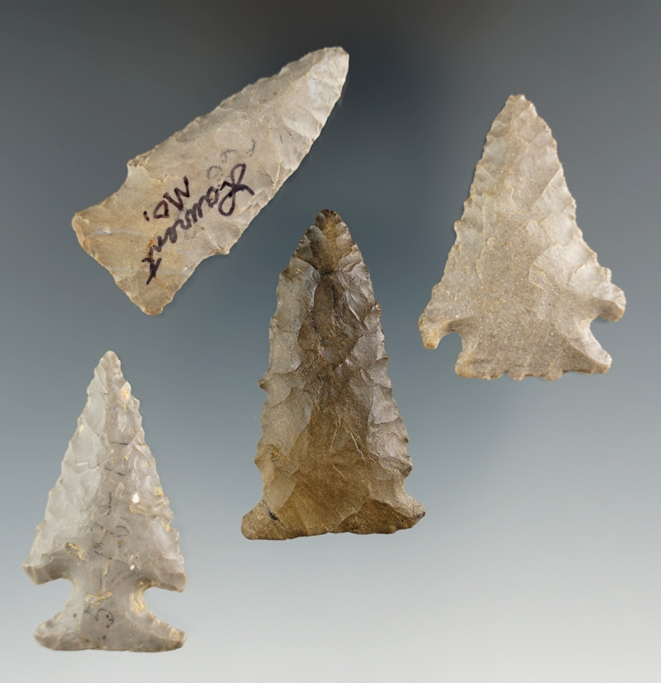 Set of four nice Kentucky Arrowheads, largest is 1 7/8". Ex. Henry English Collection.