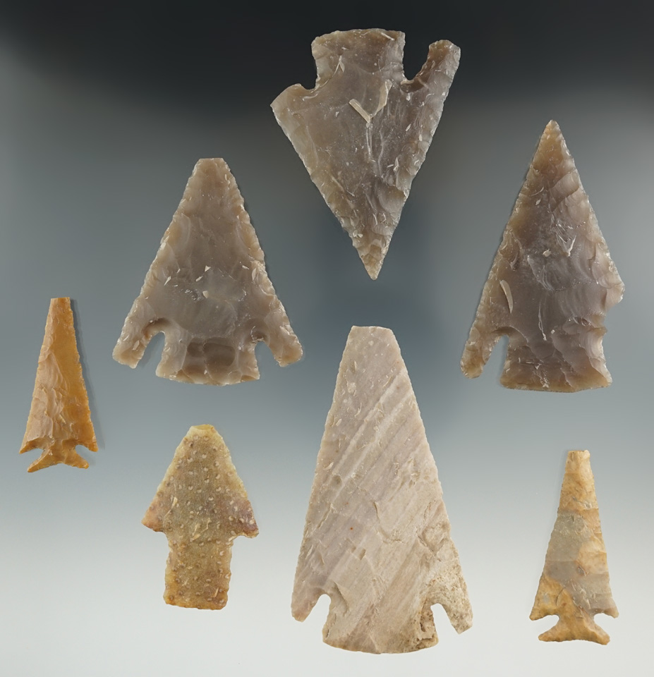 Group of seven restorable points and knives found in Texas, largest is 3 1/4".