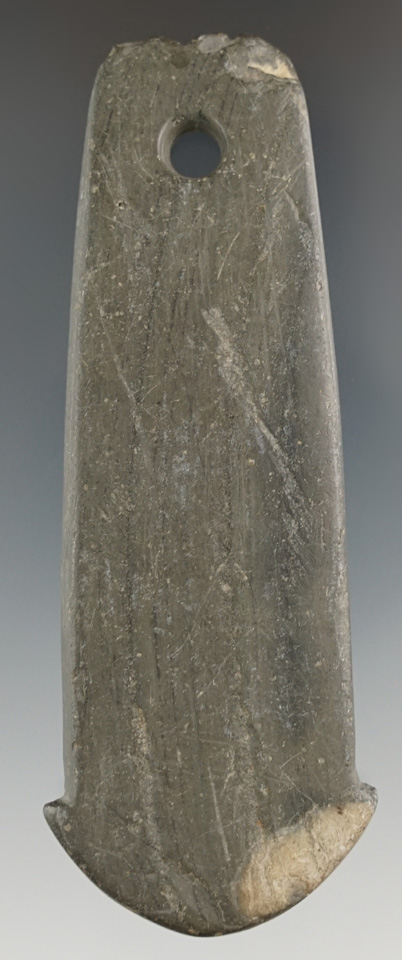 4 3/16" Adena Anchor Pendant that is fringed on the top, made from Banded Slate. Hancock Co., Ohio.