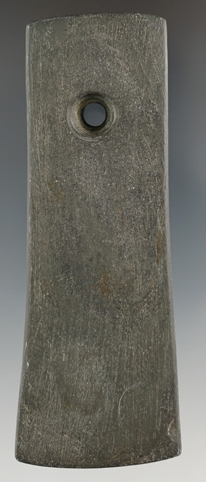 4 1/16" Adena Bell Pendant made from Banded Slate, found in Ashland Co., Ohio. Ex. Bob Converse.