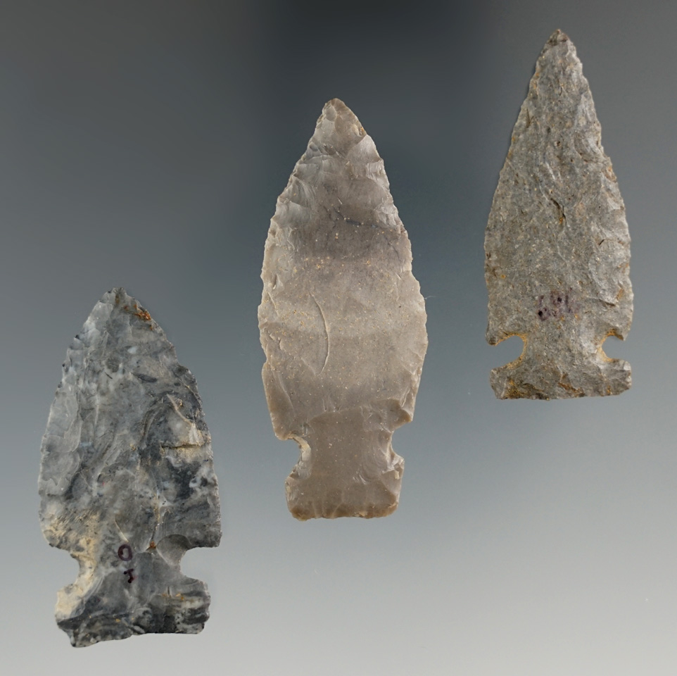 Set of three Intrusive Mound Sidenotch Points found in Kentucky, largest is 2 1/16". Ex. Henry Engli