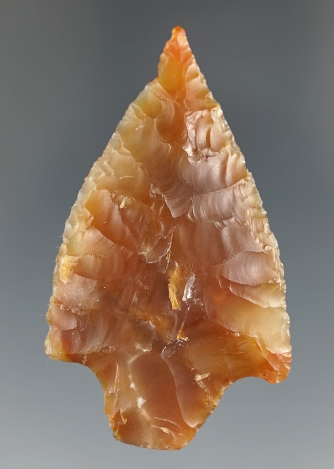 2 1/16" Stemmed Point made off of a flake of beautiful semi-translucent Agate. Found by Norma Berg