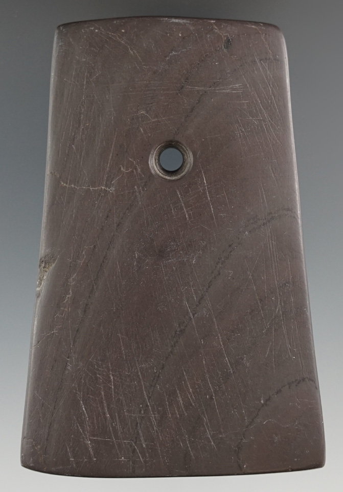 3 9/16" Adena Bell Pendant made from red and black Banded Slate, found in Fulton Co., Ohio. Ex. Bria