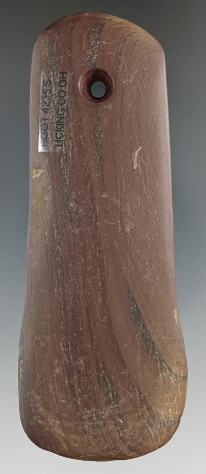 4 3/8" Adena Anchor Pendant made from red and black Banded Slate, found in Licking Co., Ohio.