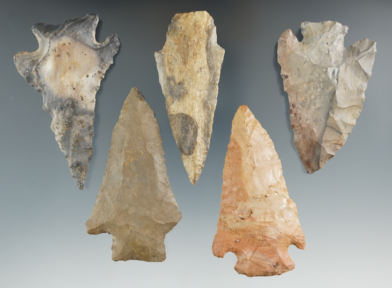 Set of five nice Knives found in Kentucky, largest is 2 3/4". Ex. Henry English Collection.