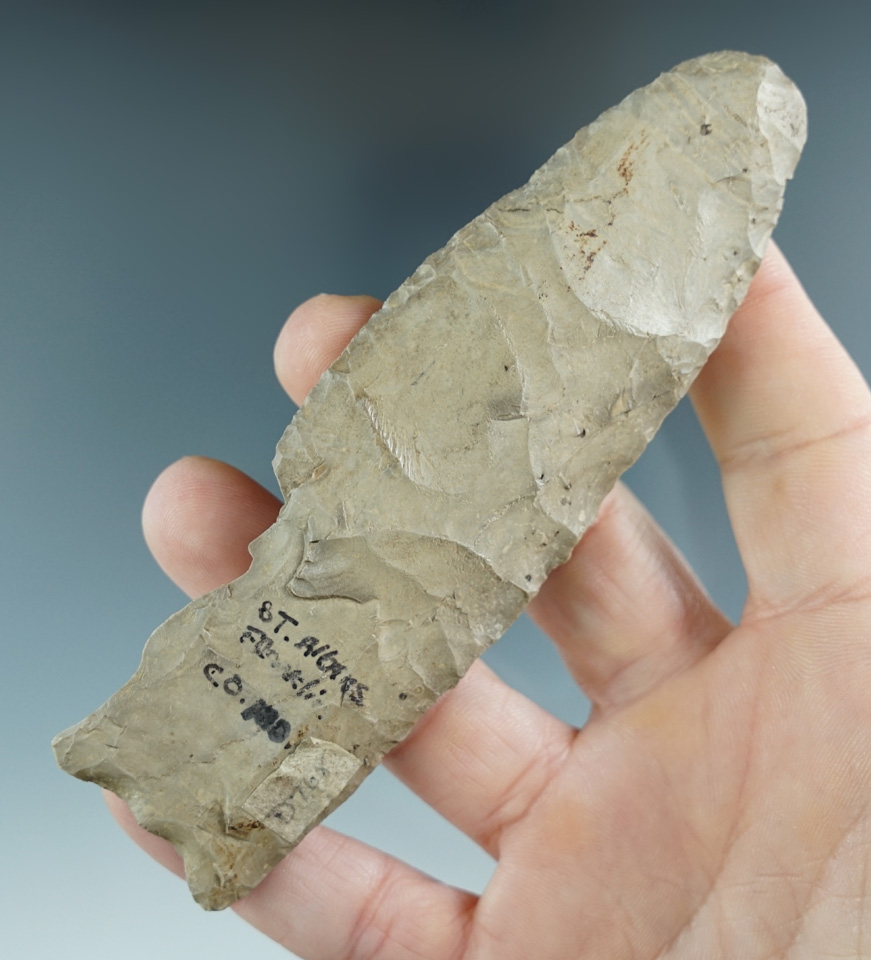 4 9/16" Paleo Fluted Clovis with some ancient base damage - Missouri. Ex. Mike Cramer, Jim Johnston.