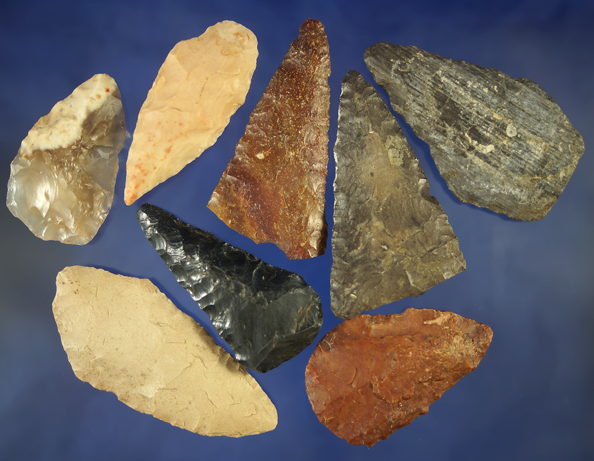 Set of eight flaked knives, largest is 2 9/16".    Columbia River.