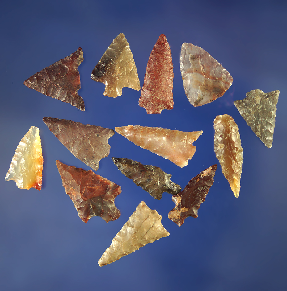 Set of 14 assorted arrowheads, largest is 15/16".    Columbia River.