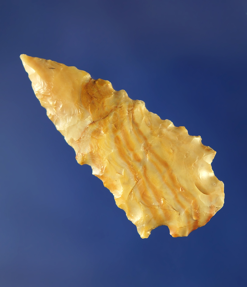 1 11/16" nicely serrated dart point made from attractive multicolored Flint.    Columbia River.