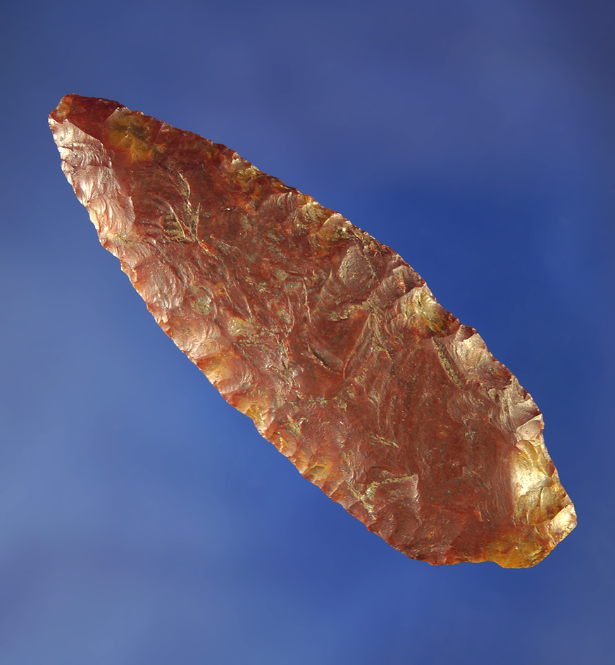 2 5/8" Jasper Constricted Stemmed Knife with nice flaking and patina.    Columbia River.