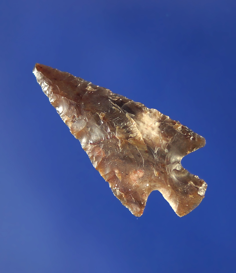 Very thin 1 1/16" Columbia Plateau that's is nicely made from a flake of multicolored Flint.