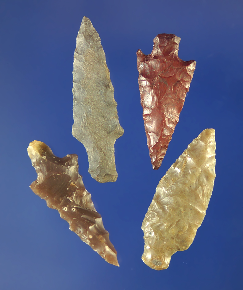 Set of four assorted arrowheads, largest is 1 1/16".    Columbia River.