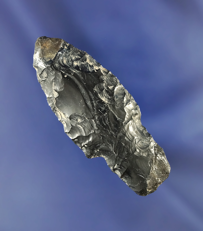 2 3/8" nicely stemmed paleo Parman made from obsidian found in Oregon by Syl Egan.