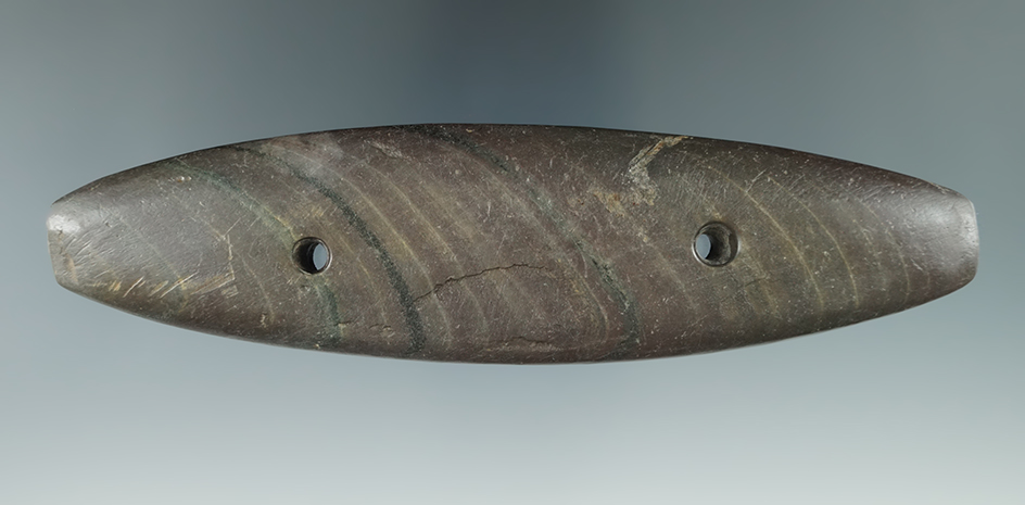 5 13/16" Elliptical Gorget made from Banded Slate found in 1920 in Sandusky Co., Ohio.