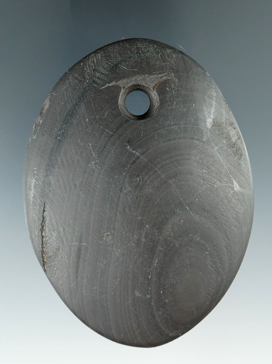 3 1/8" Adena Ovate Pendant made from Banded Slate, found in Champaign Co., Ohio.