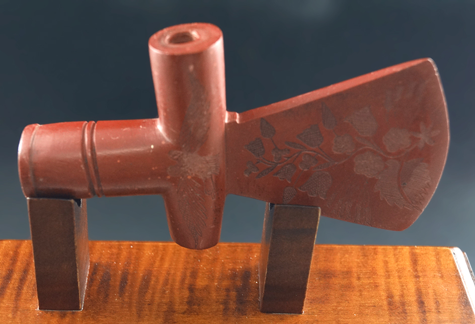 Beautifully engraved 5 1/16" Catlinite Pipe Tomahawk from the early 1900s.