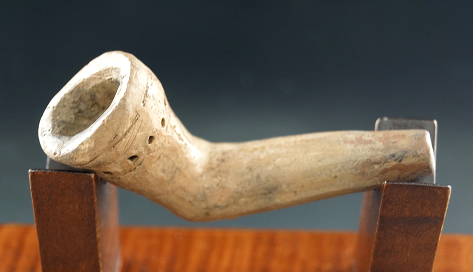 3 1/8" Ring Bowl Pipe found at the Joe Hamilton site, Simcoe Co., Ontario. Some restoration.