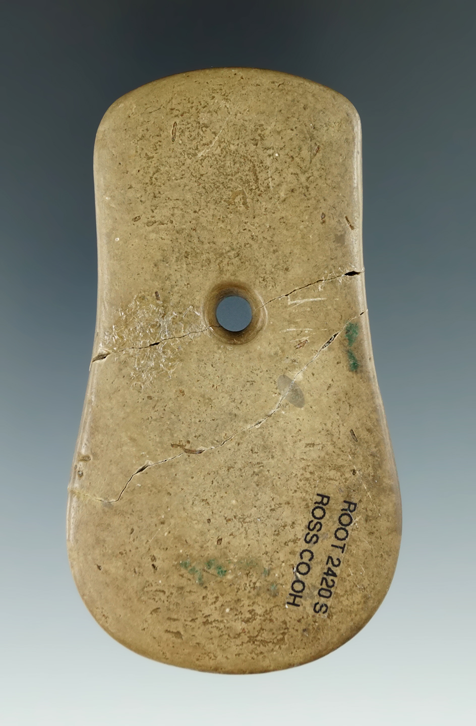3 7/16" Adena Keyhole Pendant that is broken and glued, Pipestone. Found in Ross Co., Ohio.
