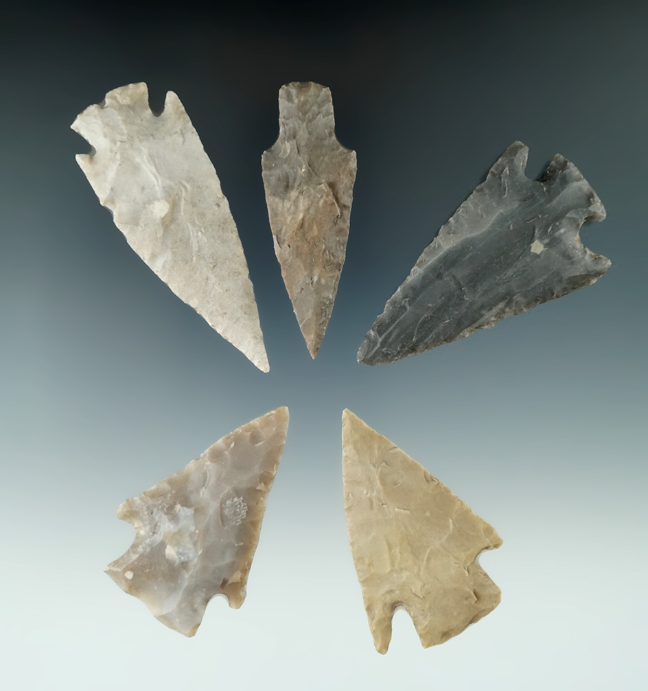 Five nice assorted Texas arrowheads, largest is 2 7/8".