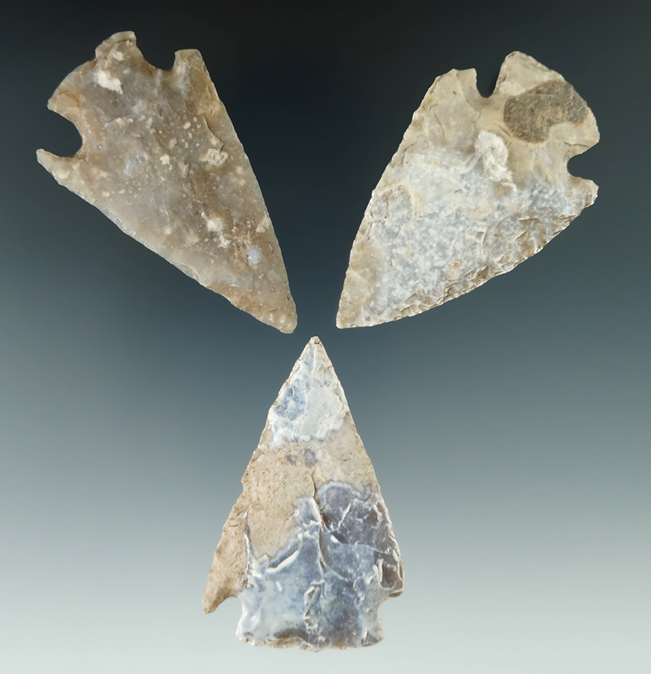 Set of three well patinated Texas arrowheads nice condition, largest is 2 1/2".