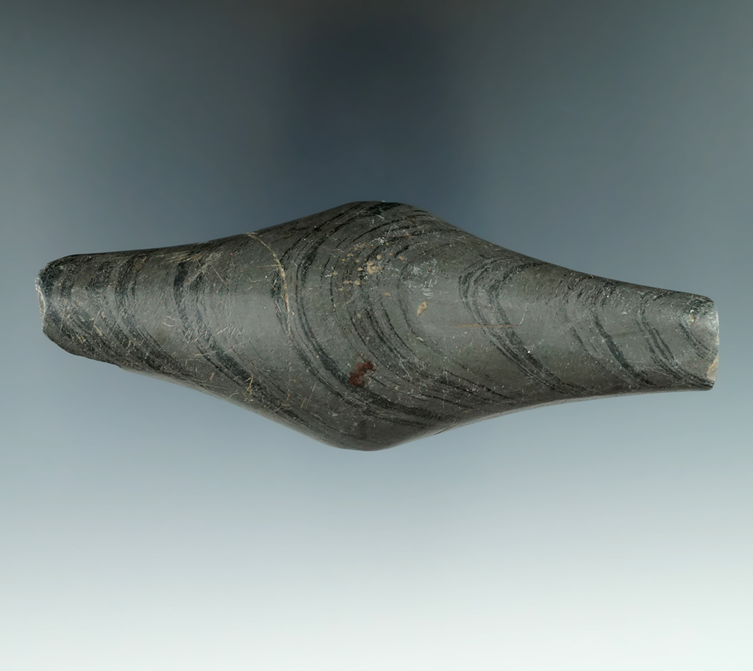 4 9/16" Adena Undrilled Expanded Center Gorget. Some damage to one end found in Ohio.