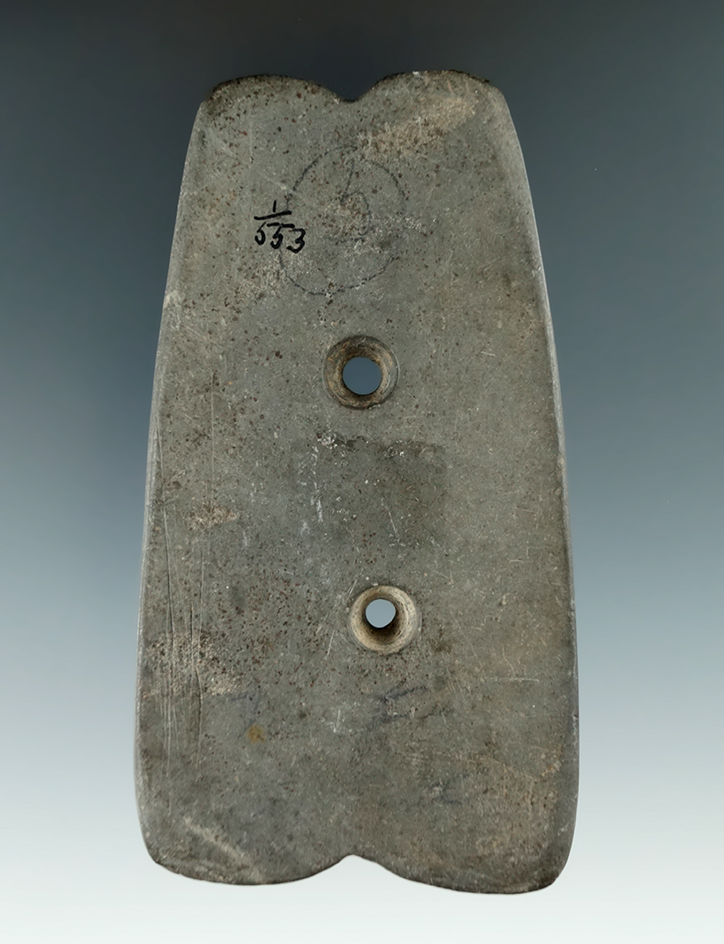 4" Woodland Notched Gorget made from Slate, found in Montgomery Co., Ohio. Ex. Wachtel.