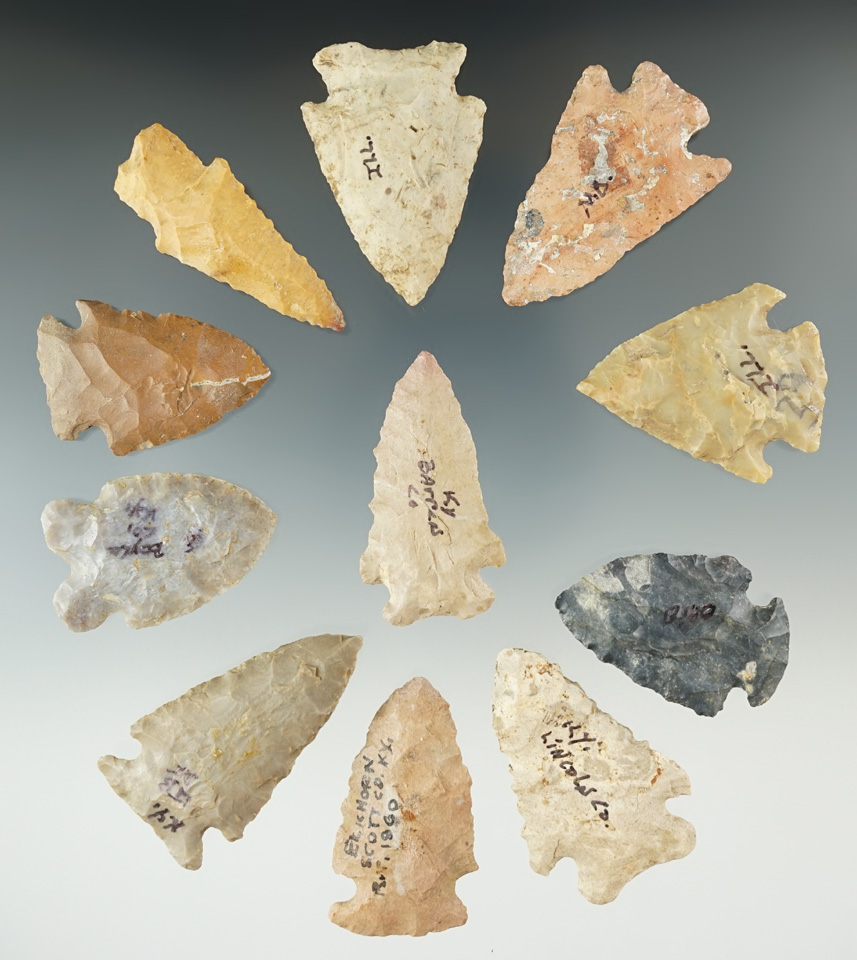 Excellent set of 11 assorted Kentucky arrowheads, largest is 1 15/16".