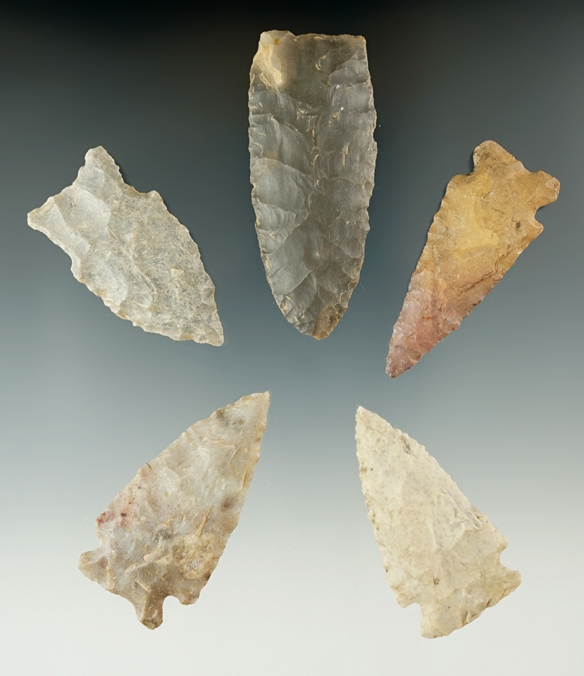 Set of five nice Indiana points, largest is 2 3/8".