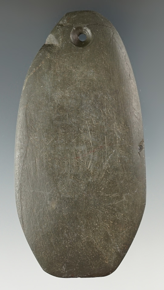 3 3/4" Hopewell Ovate Pendant made from green Slate, found in Jay Co., Indiana.