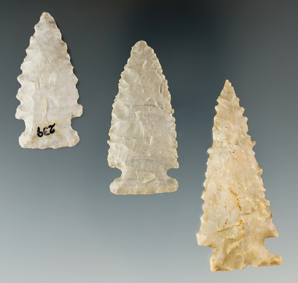 Set of three nice archaic dart points found in Kentucky, all are nicely serrated.