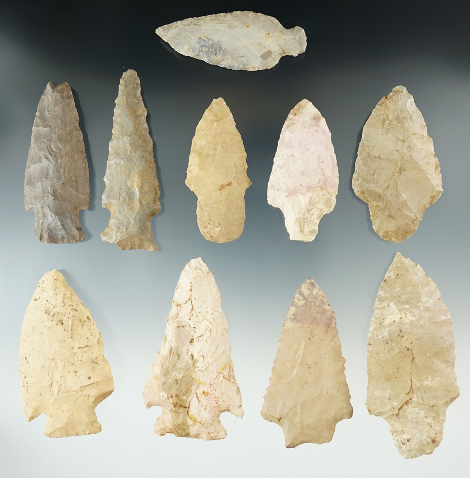 Group of 10 assorted Indiana area artifacts, largest is 3 3/16".