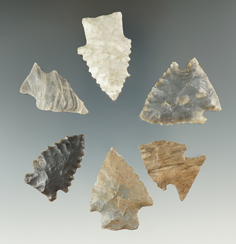 Set of six assorted points found in Kentucky in very nice condition. Largest is 1 1/2".