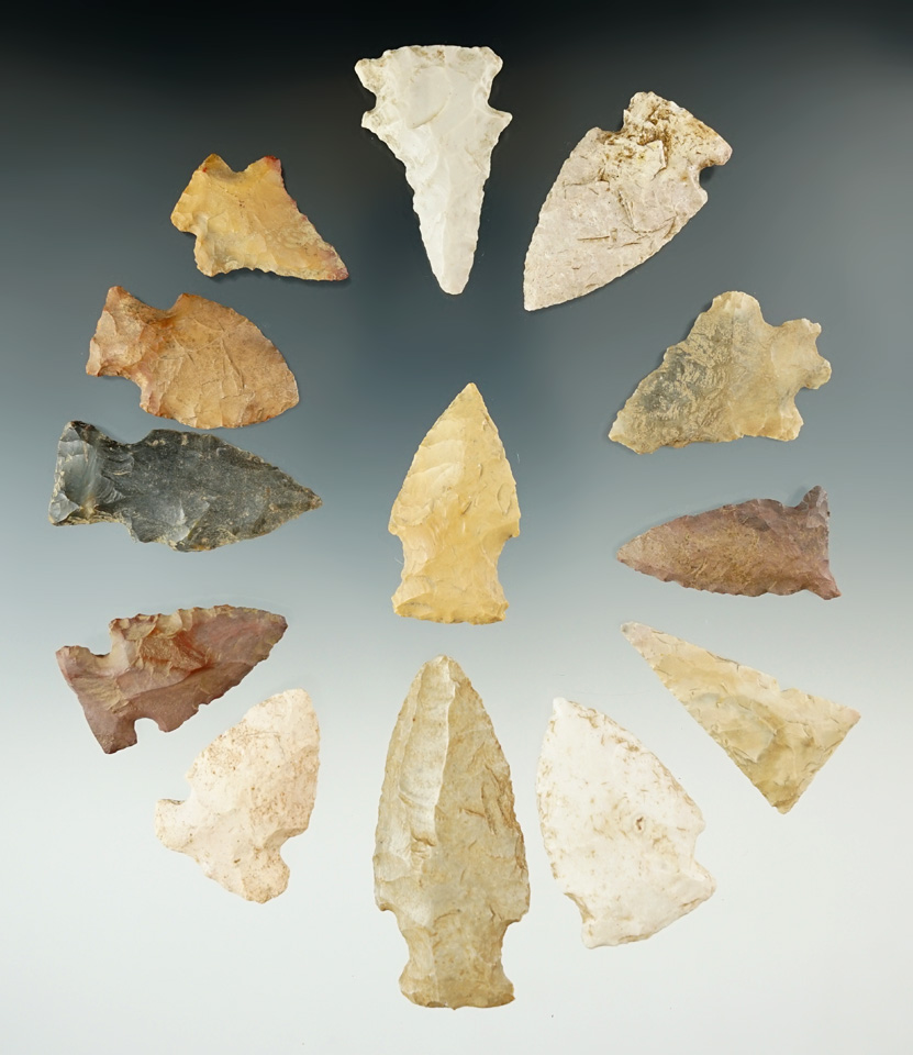 Group of 13 assorted Indiana points and knives, largest is 2 1/4".