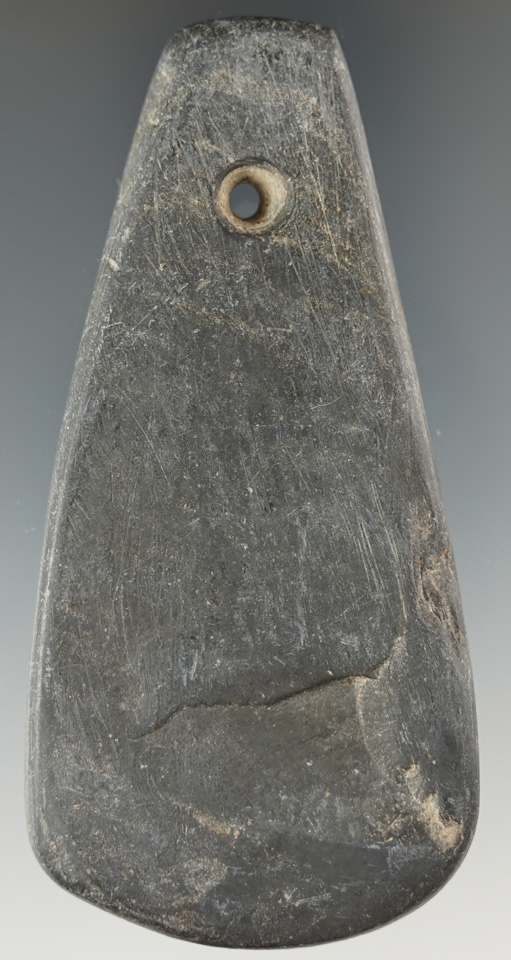 3 5/8" Adena Teardrop Pendant made from Slate. Found in Medina Co., Ohio.